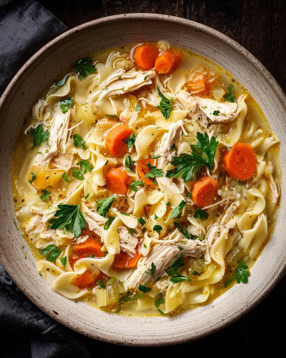 A close-up overhead view of a bowl of comforting leftover turkey soup with wide egg noodles, shredded turkey, and sliced carrots.