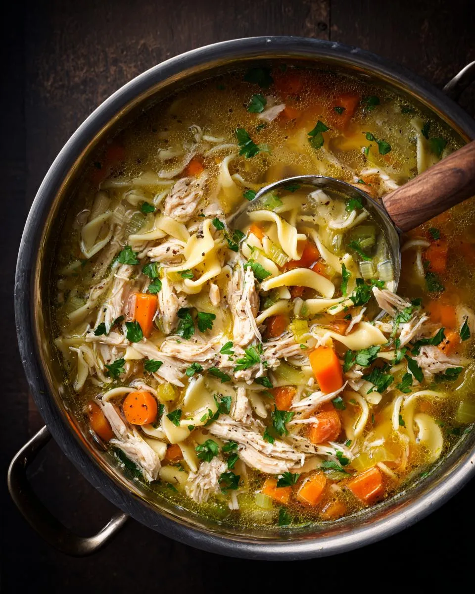 A close-up overhead view of a pot of delicious leftover turkey soup, filled with shredded turkey, wide egg noodles, carrots, celery, and parsley.