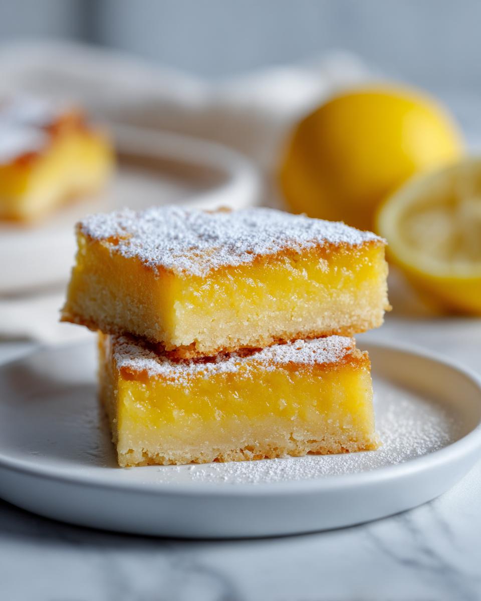Two stacked lemon bars dusted with powdered sugar on a white plate, with lemons in the background.