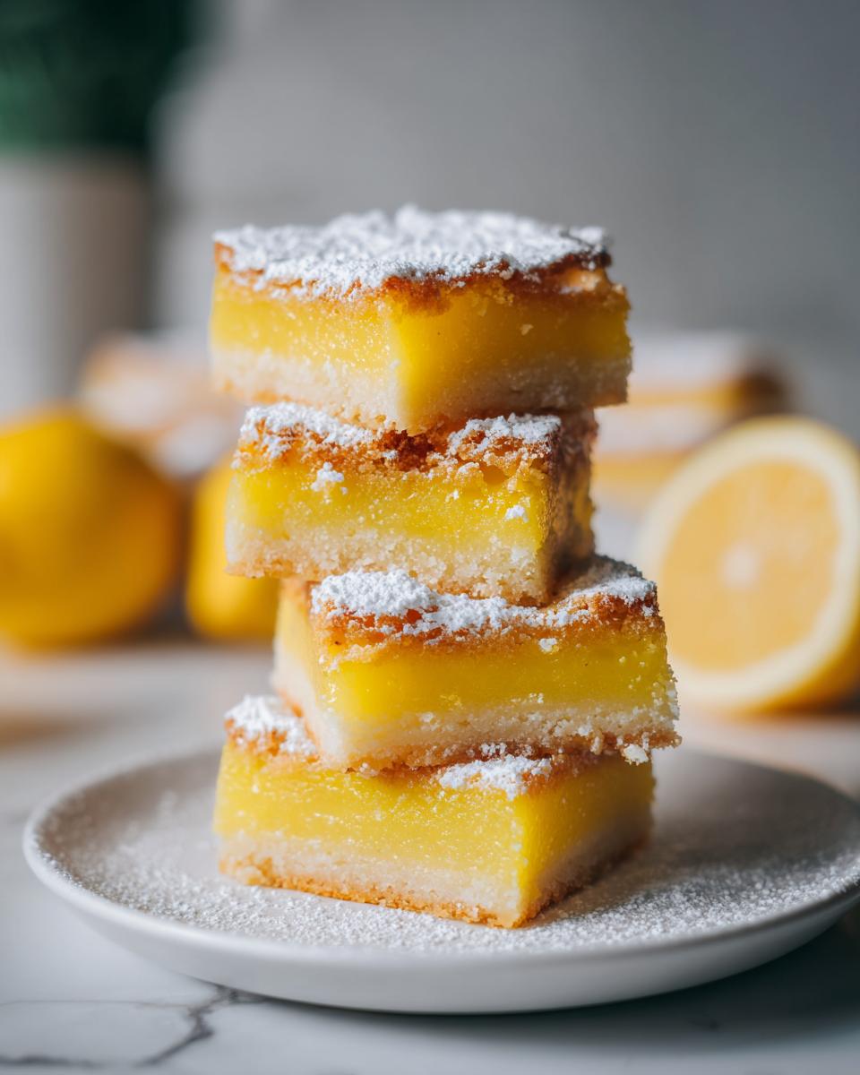 A stack of four perfect tangy lemon bars dusted with powdered sugar on a white plate.