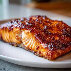 Close-up of a perfectly cooked fillet of Maple glazed salmon with a shiny, caramelized brown topping.