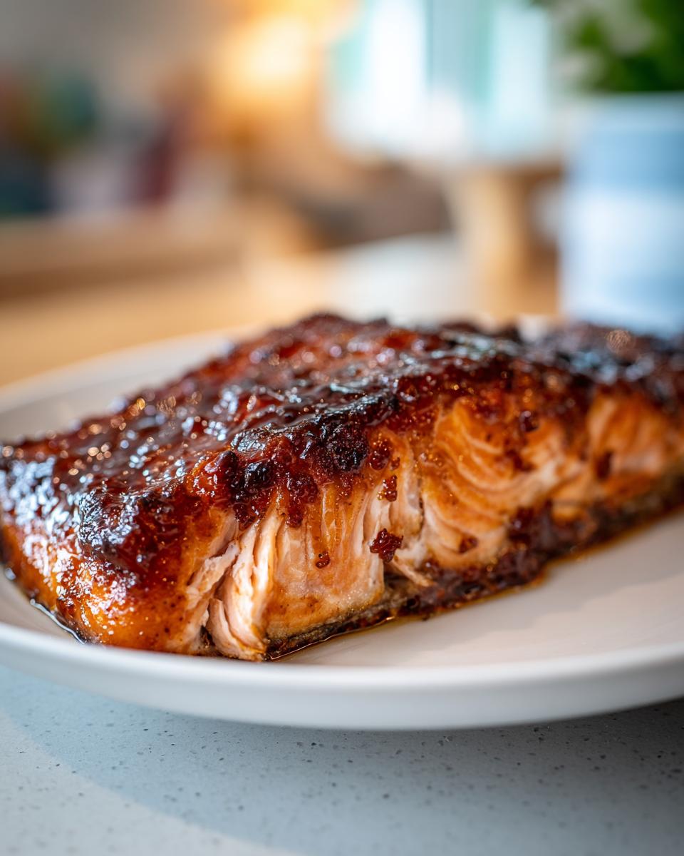 Close-up of a perfectly cooked Maple glazed salmon fillet showing flaky texture and a dark, shiny glaze.