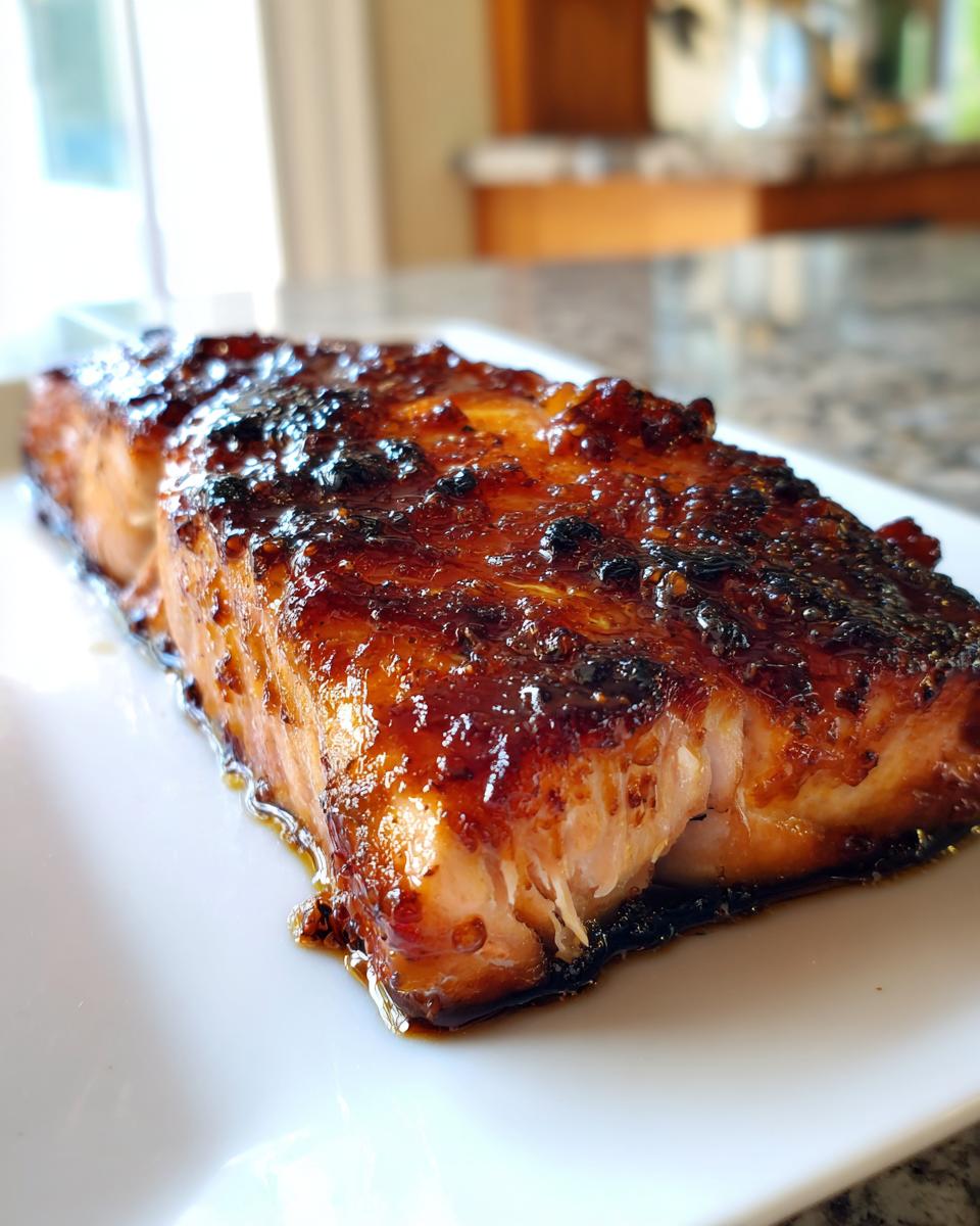 Close-up of a thick salmon fillet coated in a dark, sticky maple glazed salmon topping.
