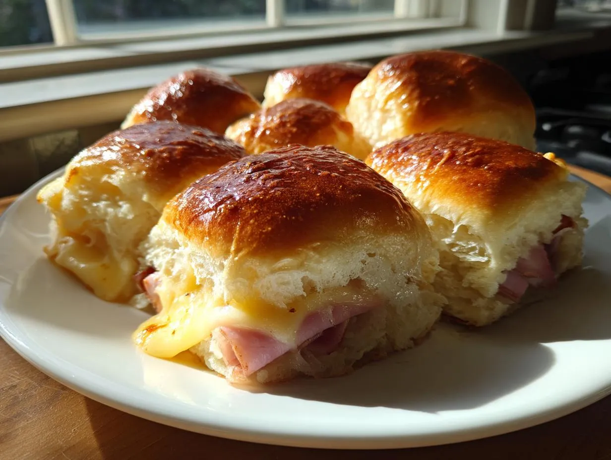 Close-up of several warm ham sliders with melted cheese oozing out, sitting on a white plate.