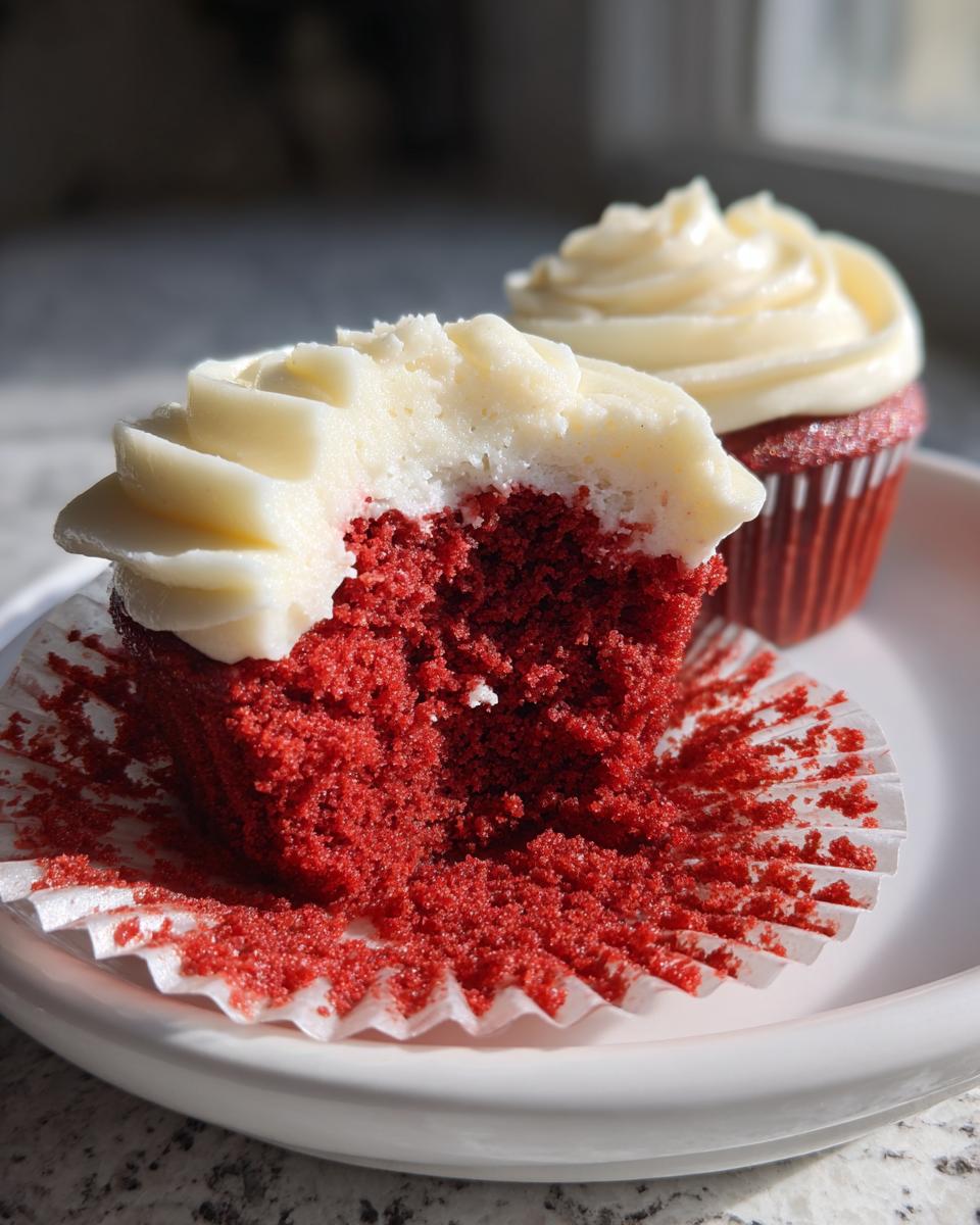 Close-up of a red velvet cupcakes cut in half showing the moist crumb and thick cream cheese frosting.