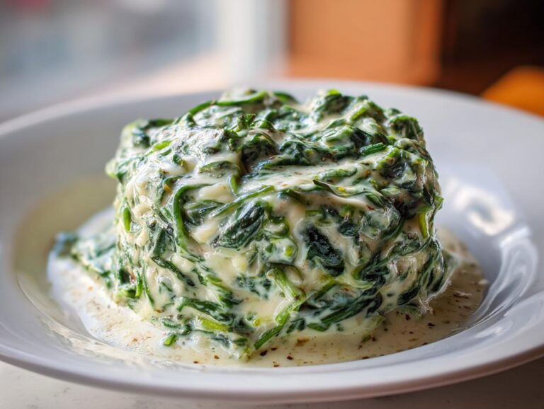 A close-up of a molded serving of rich, green creamed spinach resting in a white bowl.