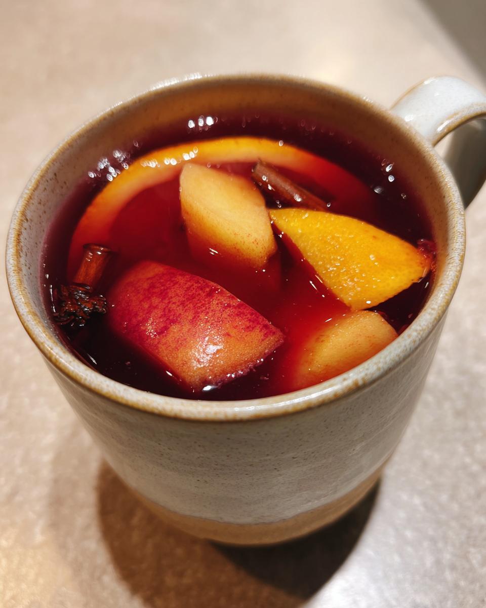 Close-up of a steaming mug filled with rich red Ponche Navideño, featuring slices of apple, orange, cinnamon sticks, and star anise.