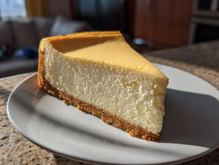 A thick, creamy slice of New York cheesecake with a graham cracker crust on a white plate.
