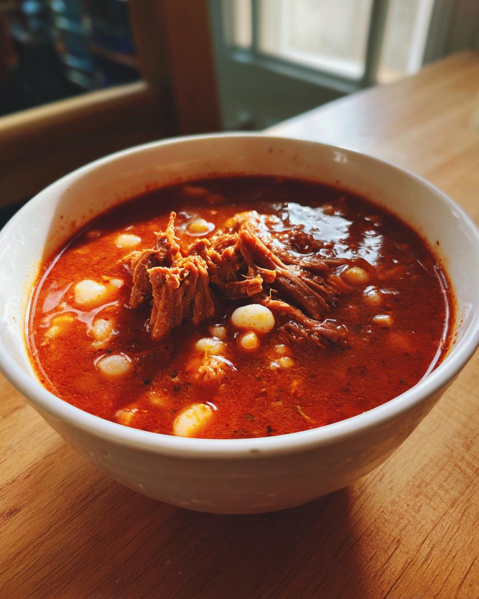 Close-up of a white bowl filled with vibrant red Pozole rojo, featuring hominy and generous chunks of shredded meat.