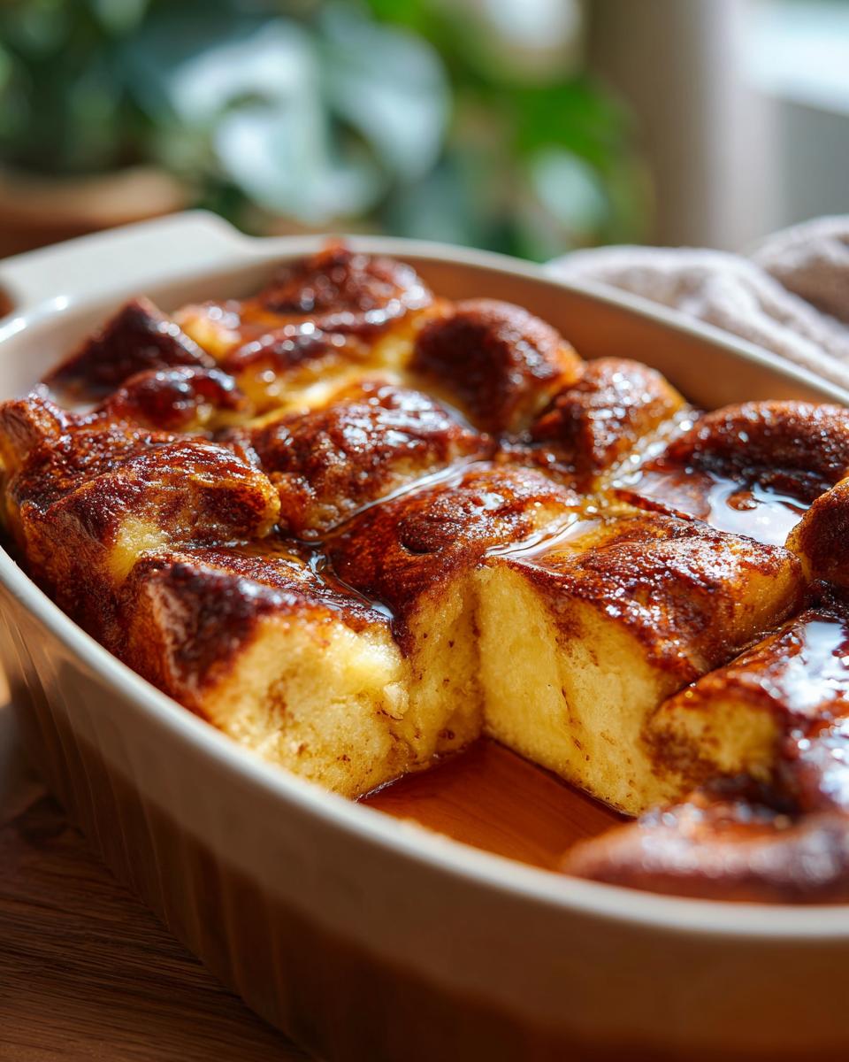 Close-up of a golden brown Overnight French Toast Casserole baked in a dish, with syrup pooling at the bottom.