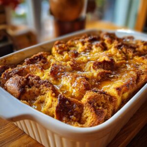 A close-up of a freshly baked Overnight French Toast Casserole in a white baking dish, glistening with syrup.