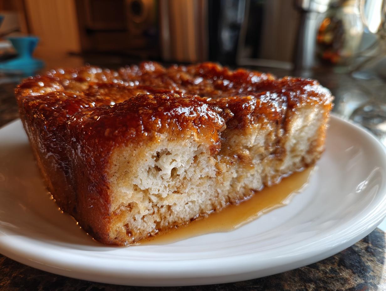 A close-up of a moist slice of Overnight French Toast Casserole on a white plate, drizzled with syrup.