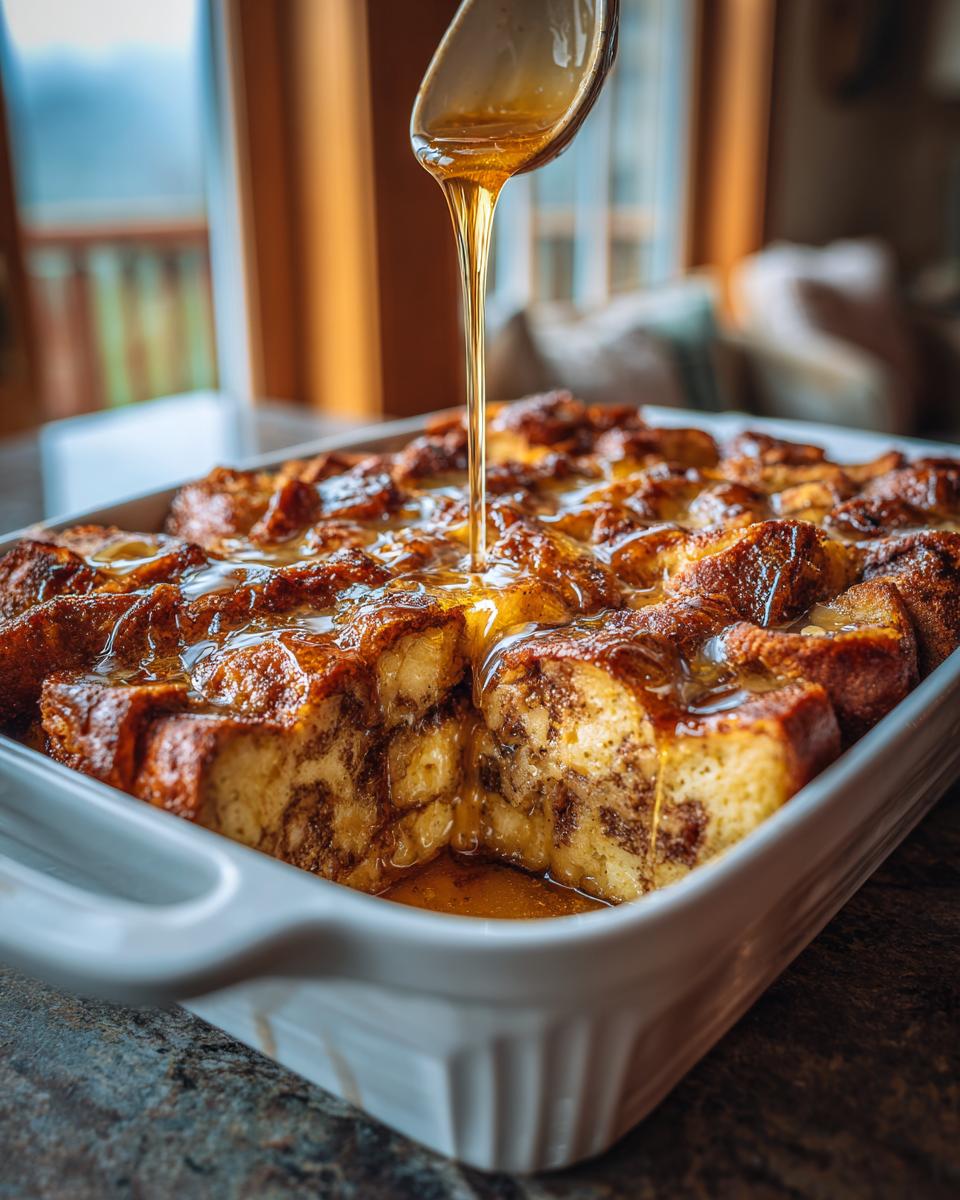 A close-up shot of an Overnight French Toast Casserole in a white baking dish, with syrup being drizzled over the top.