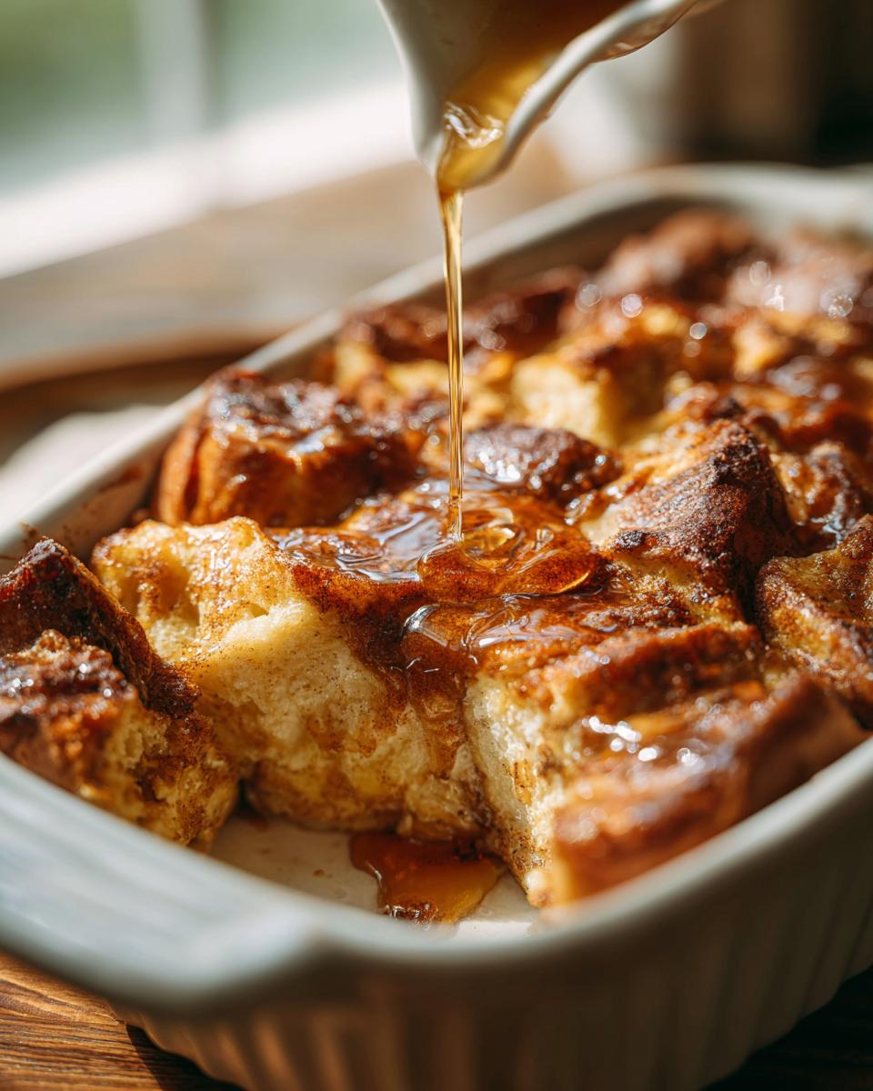 Close-up of a golden brown Overnight French Toast Casserole being drizzled with syrup.