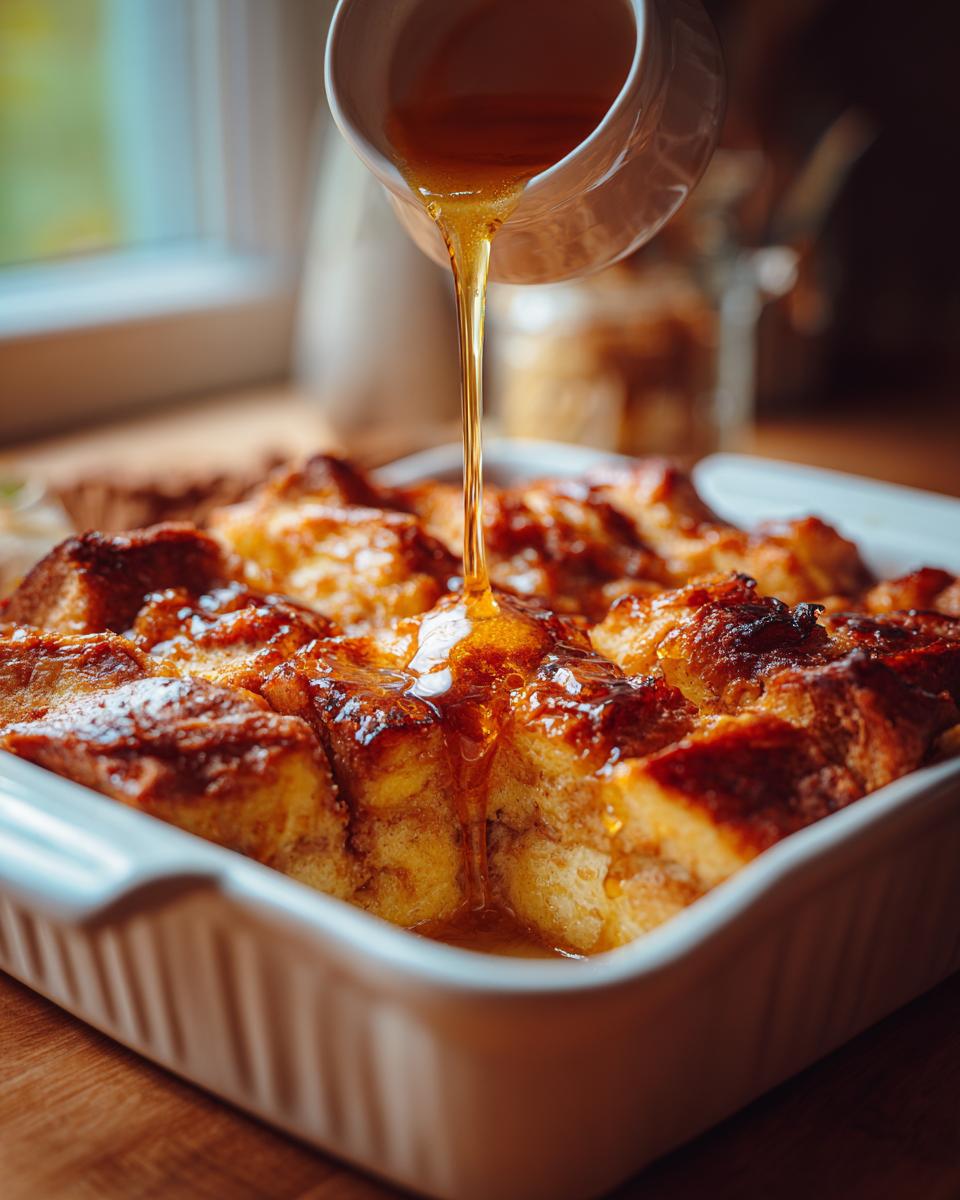 Syrup being drizzled over a golden brown Overnight French Toast Casserole in a white baking dish.
