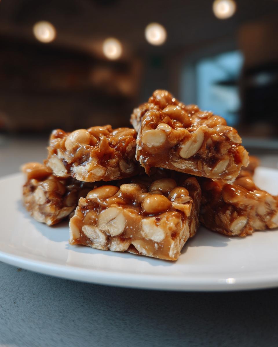 A close-up shot of several crunchy peanut brittle slices stacked on a white plate, showcasing peanuts embedded in golden caramel.