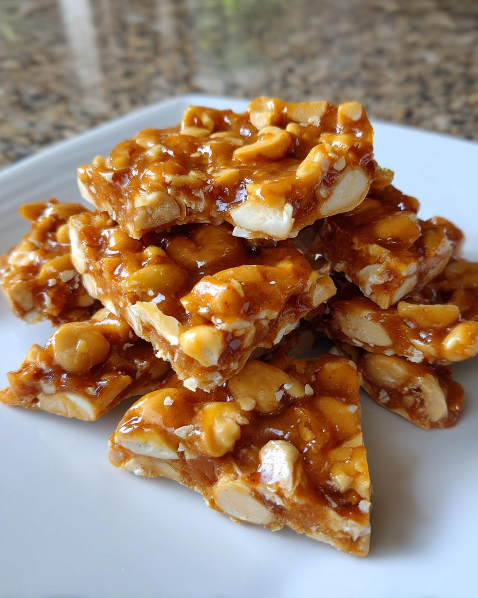 A close-up stack of golden brown peanut brittle pieces, showcasing crunchy peanuts embedded in a glossy caramel.