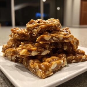 A close-up stack of crunchy peanut brittle pieces, showcasing the golden caramel and roasted peanuts.