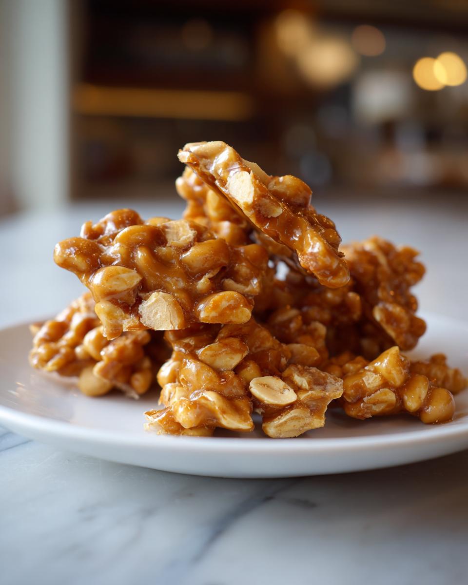 A close-up of a stack of crunchy peanut brittle pieces on a white plate, showcasing the caramelized sugar and peanuts.