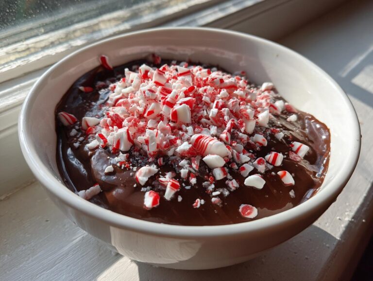 A white bowl filled with rich, melted chocolate for peppermint hot chocolate dip, generously topped with crushed red and white candy canes.