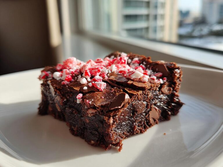 A single, fudgy peppermint mocha brownie topped with chocolate chips and crushed red and white peppermint candy.