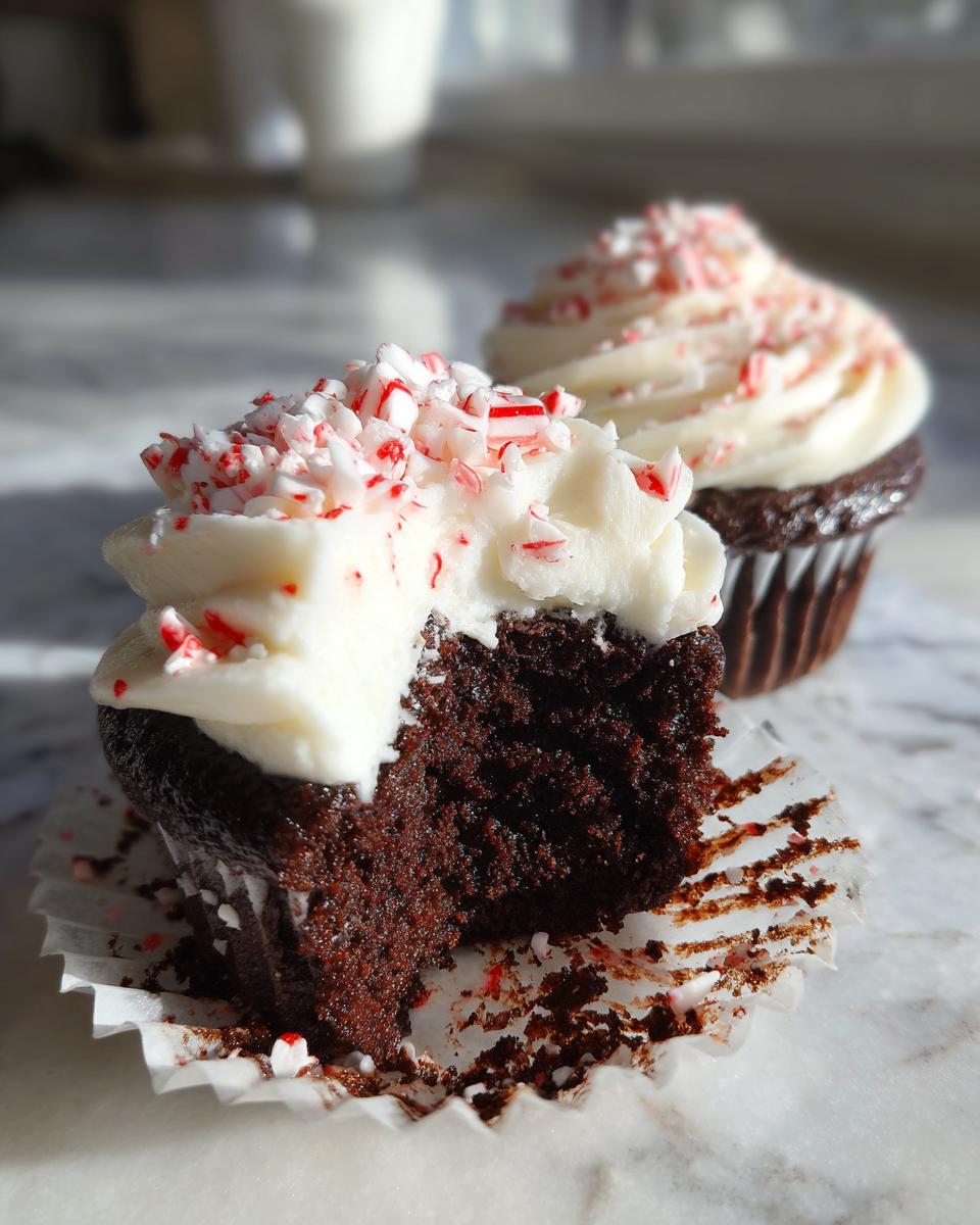 Close-up of a rich, dark chocolate Peppermint mocha cupcake cut in half, topped with white frosting and crushed candy canes.