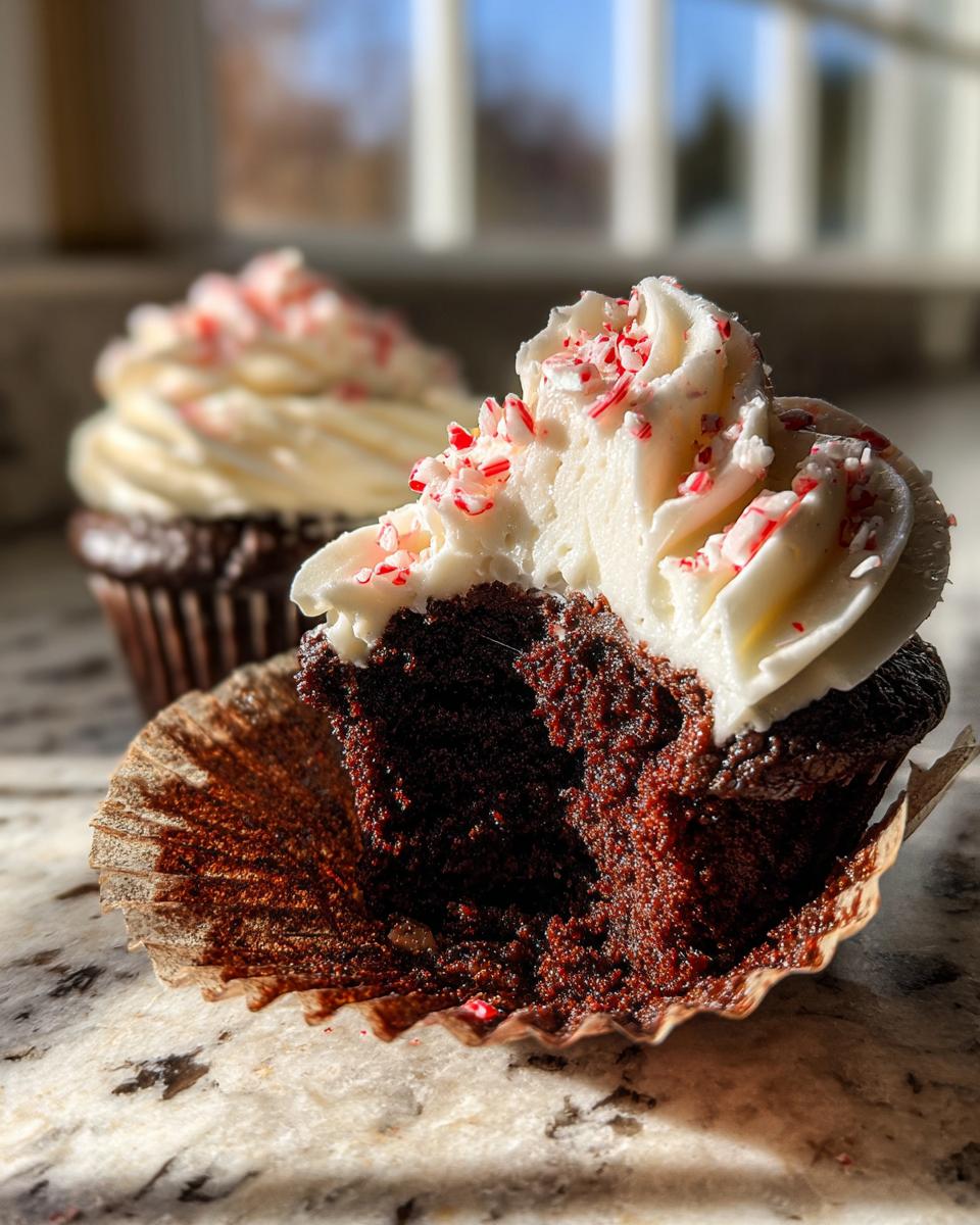 Close-up of a peppermint mocha cupcake cut in half showing rich chocolate cake and white frosting topped with crushed candy canes.