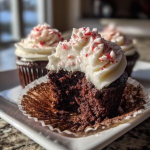 Close-up of a rich chocolate peppermint mocha cupcake cut in half, showing moist interior and white frosting topped with crushed candy canes.