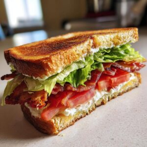 A perfectly assembled BLT sandwich featuring crispy bacon, ripe tomatoes, crisp lettuce, and creamy mayonnaise on toasted bread.