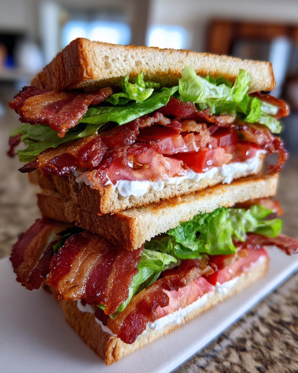 A tall, stacked BLT sandwich with crispy bacon, fresh lettuce, juicy tomatoes, and creamy mayonnaise on toasted bread.