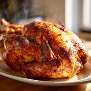 A perfectly fried turkey, golden brown with crispy skin, resting on a platter and steaming.