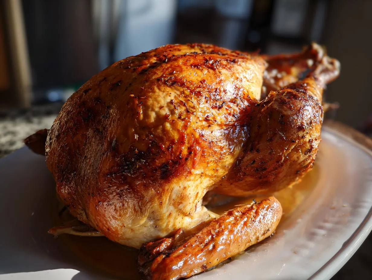 A golden-brown, perfectly fried turkey resting on a white platter, glistening with juices.