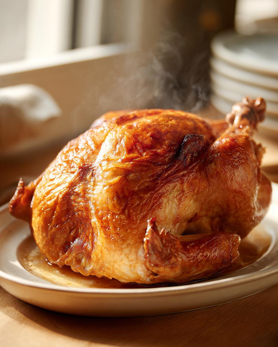 A whole, golden-brown fried turkey sitting on a white plate, with steam rising.