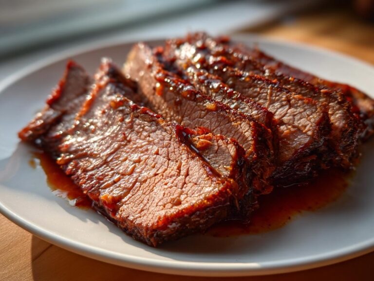 Close-up of tender, sliced Jewish brisket glazed with a rich sauce on a white plate.