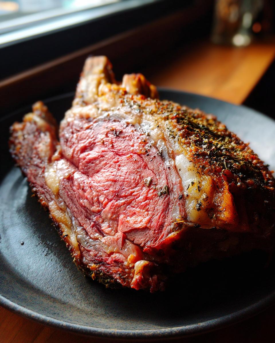 A juicy and pink prime rib roast, seasoned with herbs and spices, resting on a dark plate.