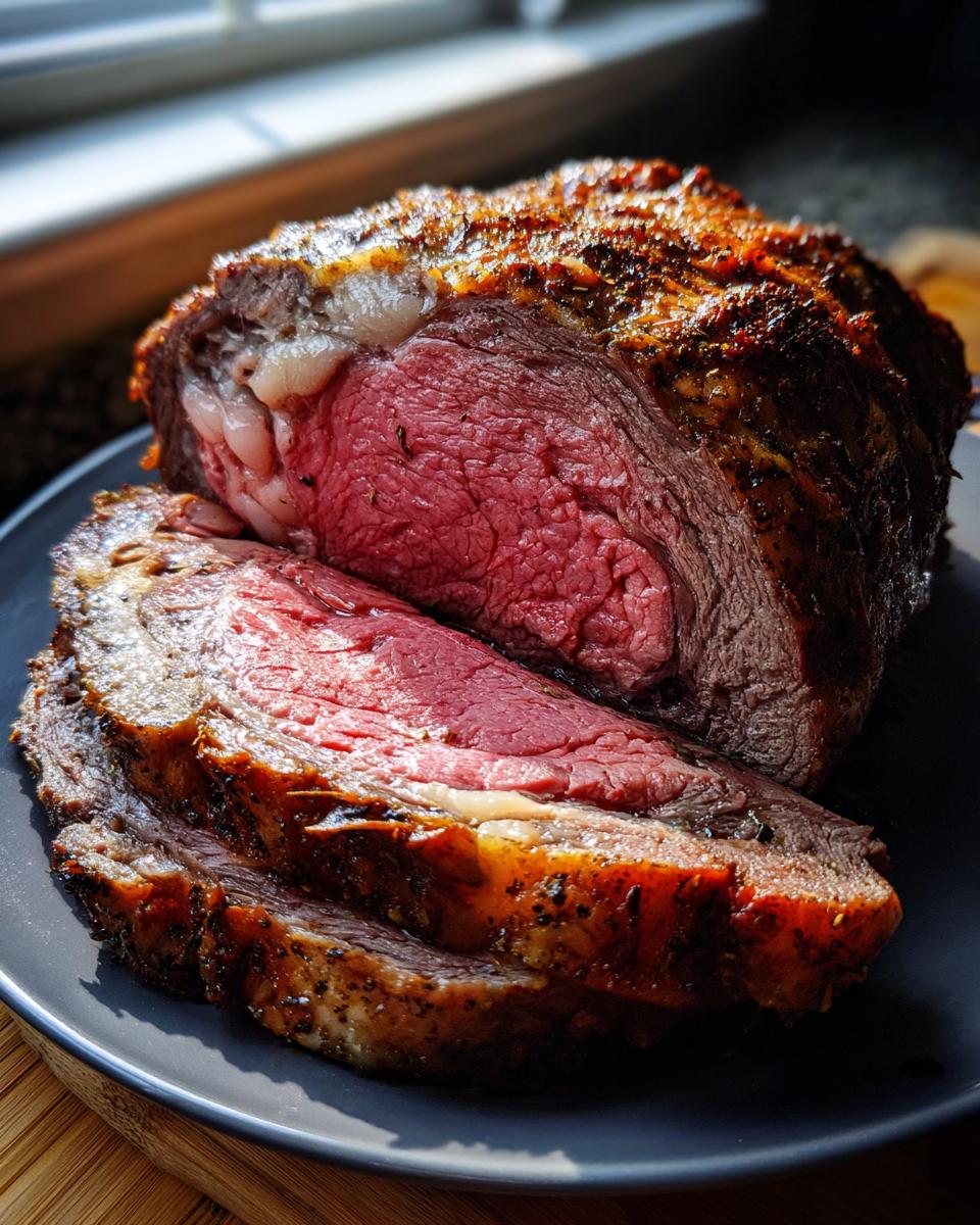 A perfectly cooked prime rib roast, sliced to reveal a juicy pink interior and a beautifully browned crust.