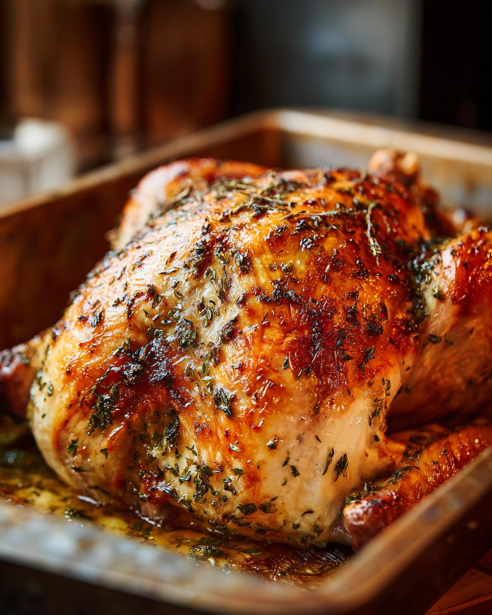 A perfectly cooked, golden brown roast turkey seasoned with herbs, resting in a roasting pan.