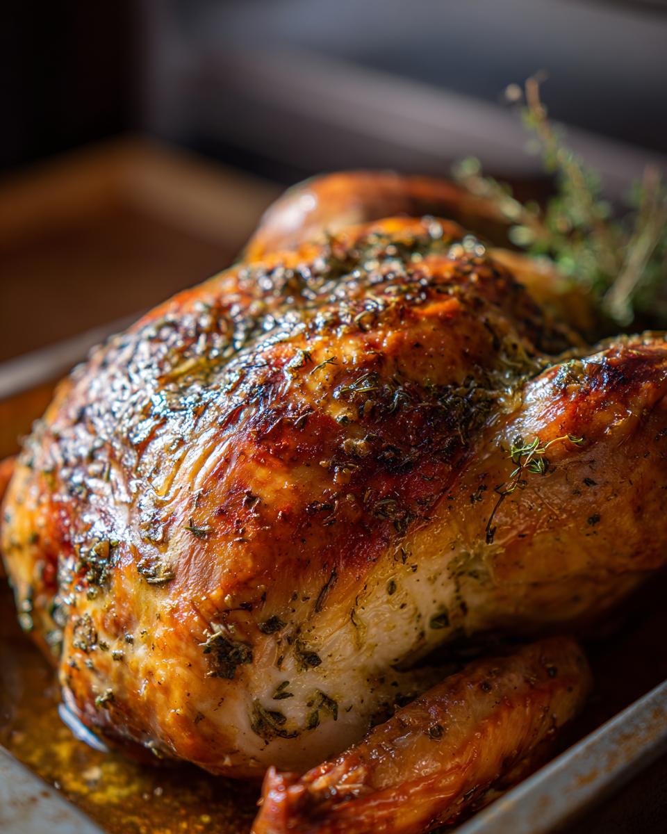 Close-up of a perfectly roasted turkey, glistening with herbs and spices, in a roasting pan.