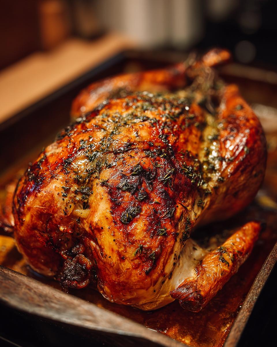A golden-brown, perfectly roasted turkey seasoned with fresh herbs, resting in a roasting pan.