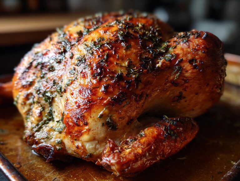 A golden-brown, perfectly roasted turkey seasoned with fresh herbs, ready to be served.