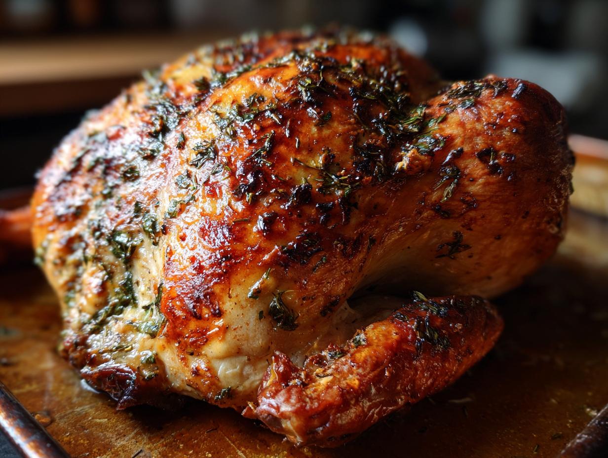 A golden-brown, perfectly roasted turkey seasoned with fresh herbs, ready to be served.
