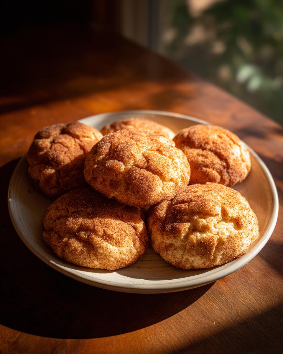 A plate of warm, freshly baked Snickerdoodles dusted with cinnamon sugar, bathed in soft sunlight.