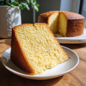 A close-up of a fluffy slice of perfect vanilla cake on a white plate, with the rest of the cake in the background.