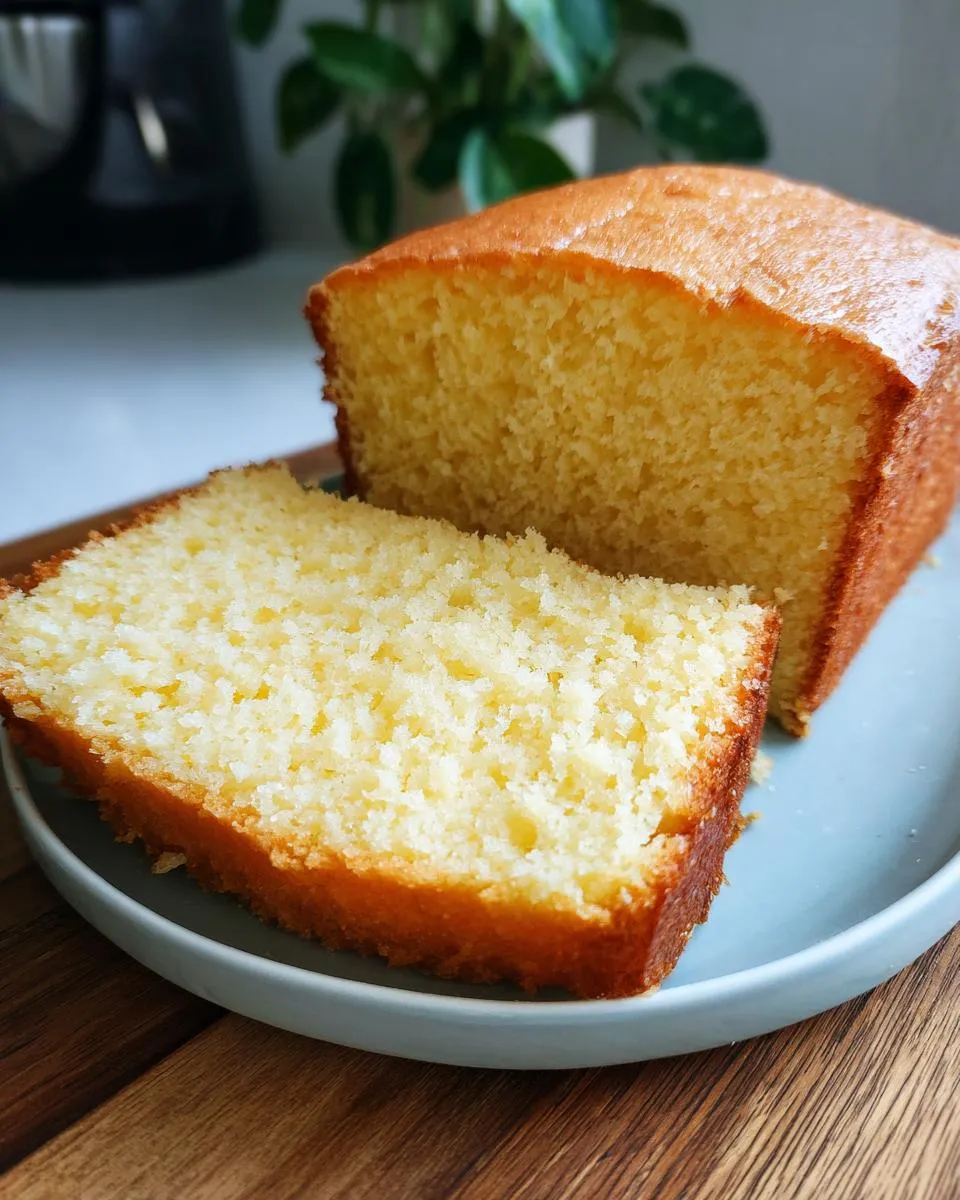 A slice of moist and fluffy vanilla cake, showcasing its golden-brown crust and tender crumb, served on a blue plate.