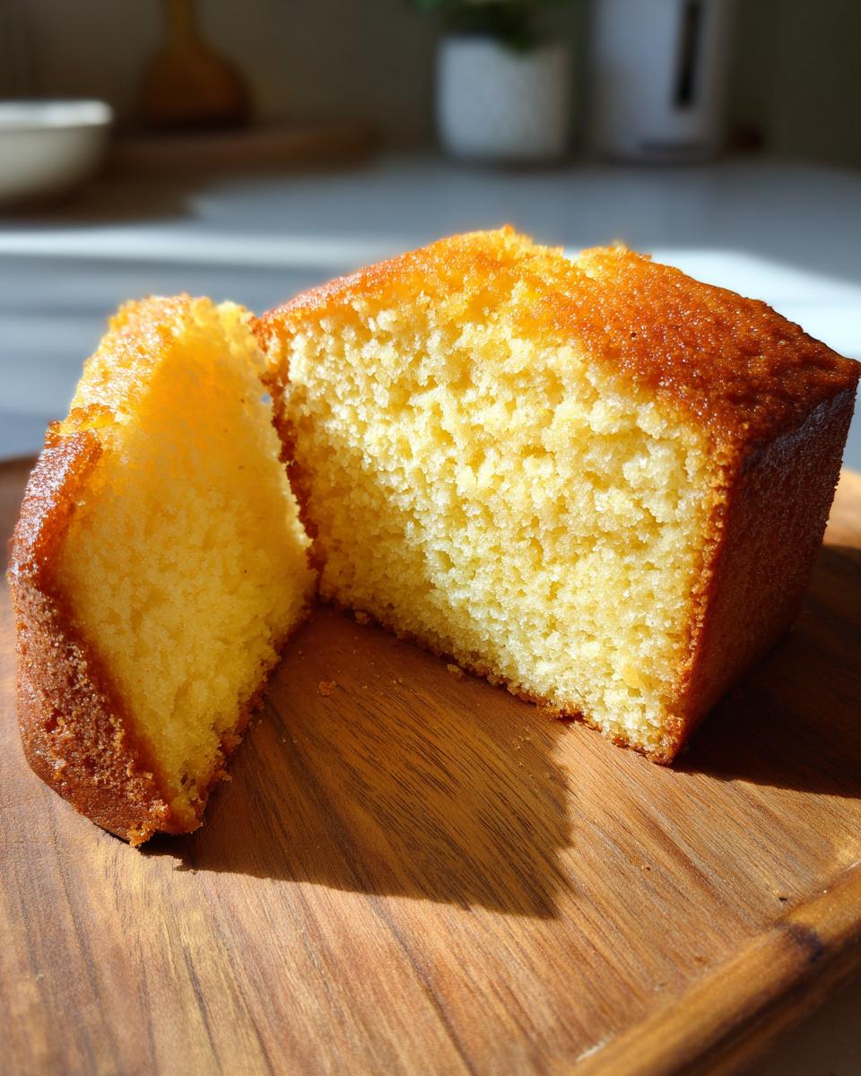 A close-up of a moist and fluffy slice of vanilla cake on a wooden board, with a second slice slightly pulled away.
