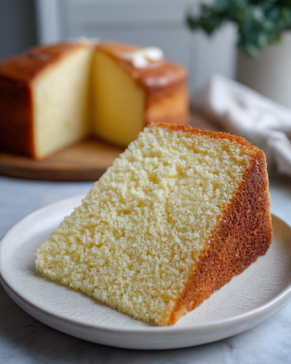 A close-up of a moist and fluffy slice of perfect vanilla cake on a white plate.