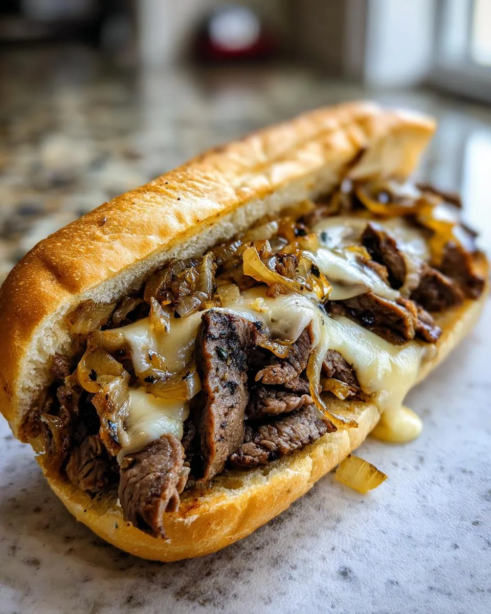 Close-up of a delicious Philly cheesesteak sandwich with thinly sliced steak, melted cheese, and caramelized onions on a hoagie roll.
