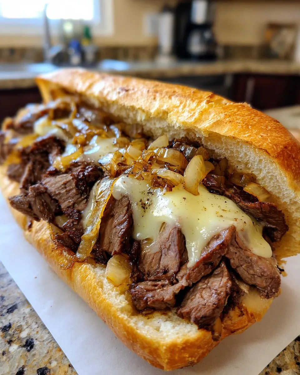 A close-up of a delicious Philly cheesesteak sandwich loaded with steak, melted cheese, and onions.