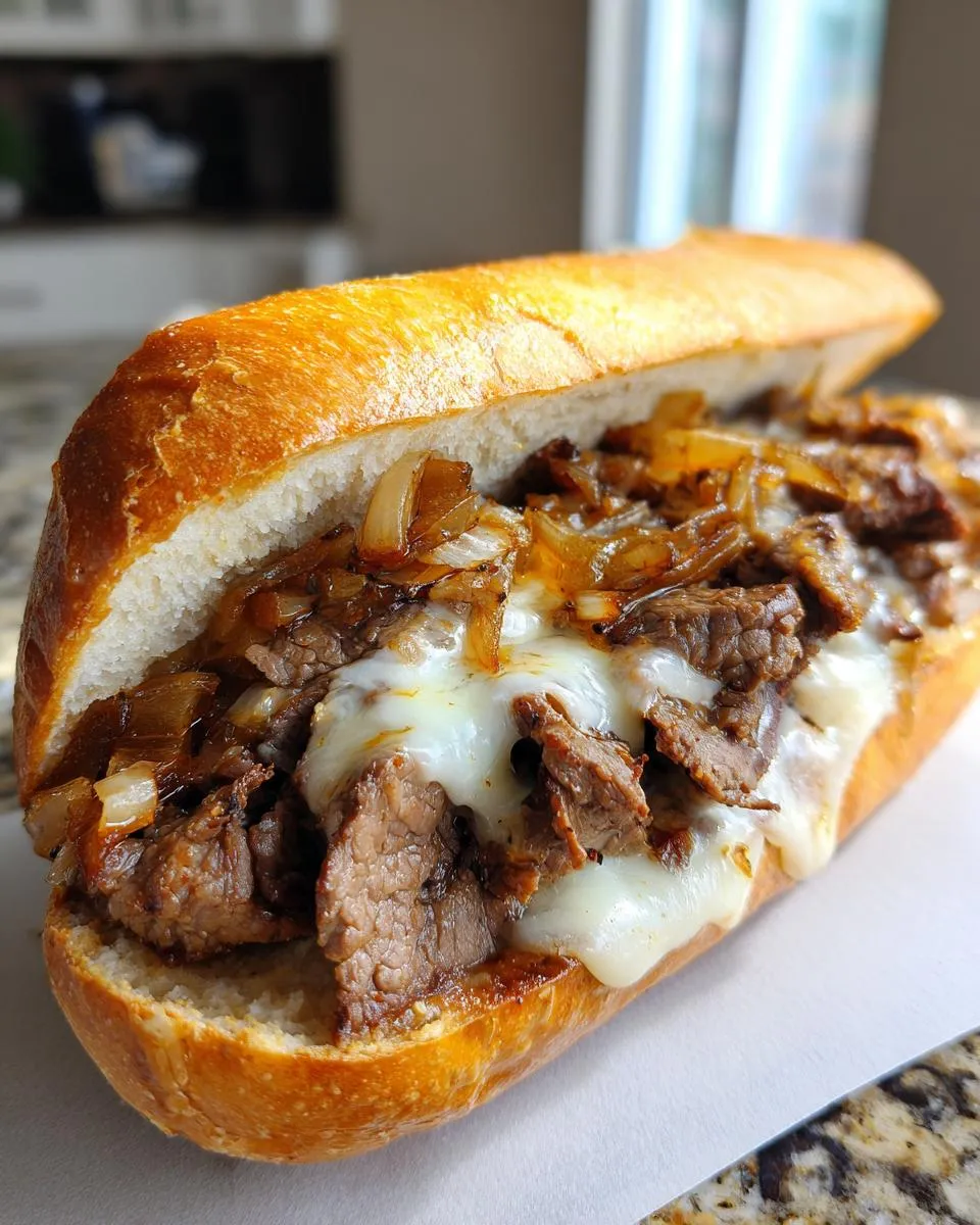 Close-up of an authentic Philly cheesesteak sandwich with thinly sliced steak, melted cheese, and caramelized onions on a long roll.