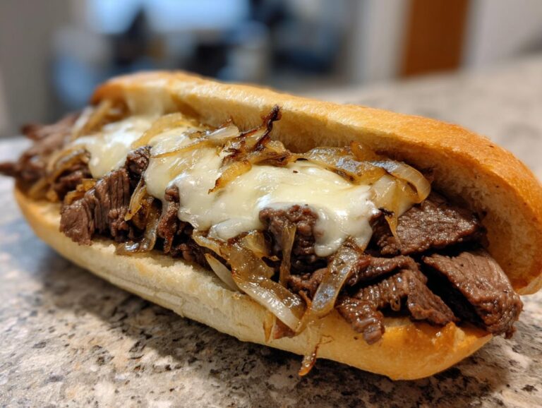 Close-up of a delicious Philly cheesesteak sandwich with thinly sliced steak, melted cheese, and caramelized onions on a hoagie roll.